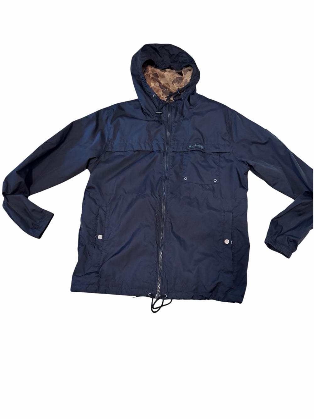 Columbia Navy Hooded Windbreaker with Camo Lined Hood